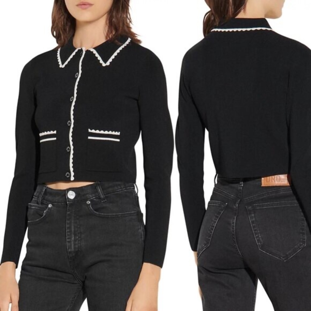 Sandro Leanna Cropped Scalloped-Trim Cardigan Sweater Black